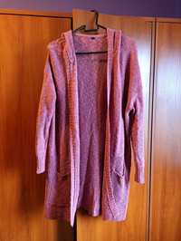 Sweter malinowy różowy bordowy kieszenie kaptur 40/42/44 bonprix długi