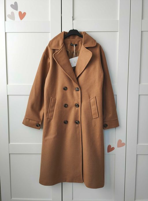Elegancki płaszcz beż karmel camel klasyk midi długi 40 L