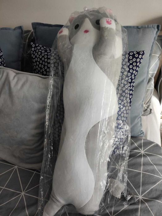 Duża Maskotka Pluszak Długi Kot Lucek 70 CM Szary Biały Na Prezent