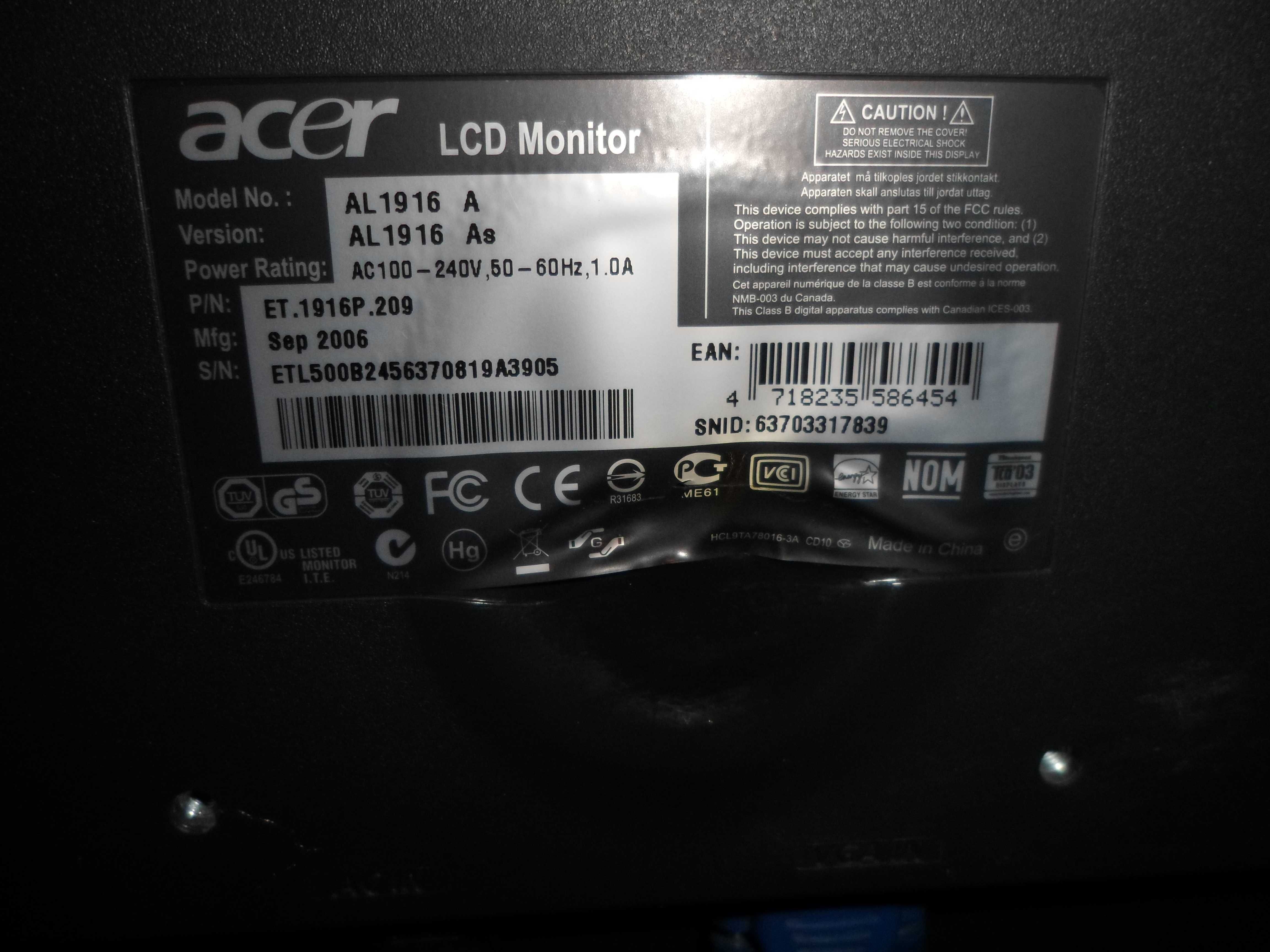 monitor acer  AL 1916 z okablowaniem