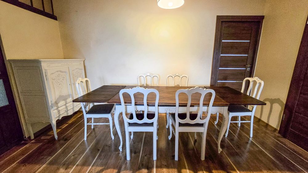 Francuski stół dębowy + 6 krzeseł – oryginalny antyk po stylizacji