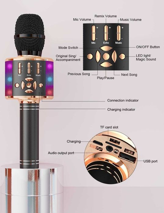 BONAOK bezprzewodowy mikrofon Karaoke, mikrofon Bluetooth