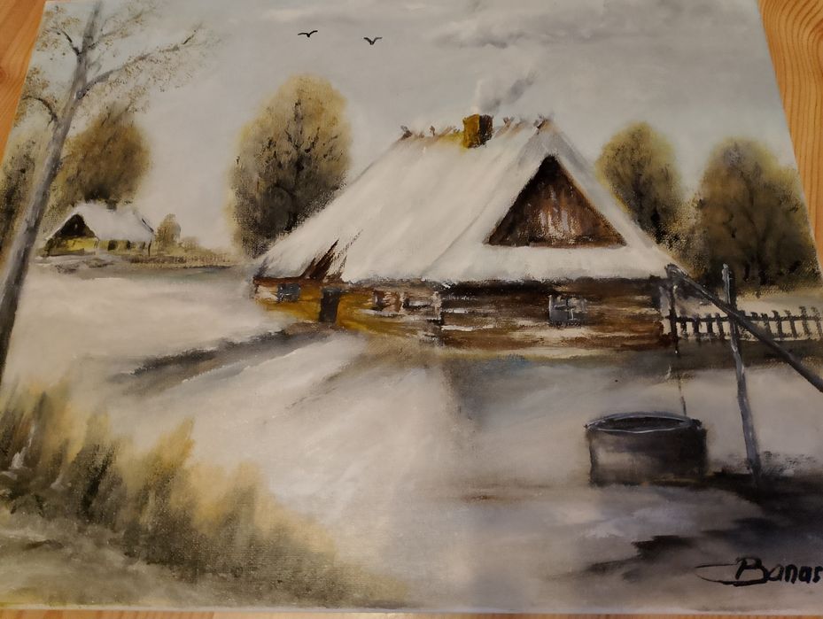 Obraz chatka zima obraz namalowany na płótnie 50/40 cm