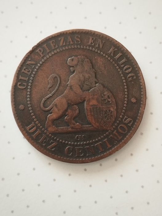 Moedas de 10 Cêntimos 1870 de Espanha em Cobre