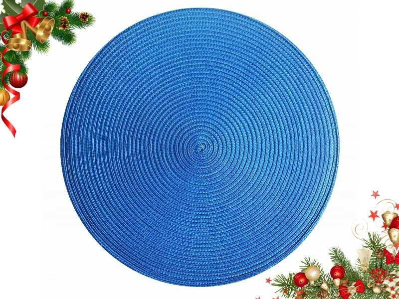 Stylowa MATA PODKŁADKA na STÓŁ OKRĄGŁA plecionka 36cm. niebieska