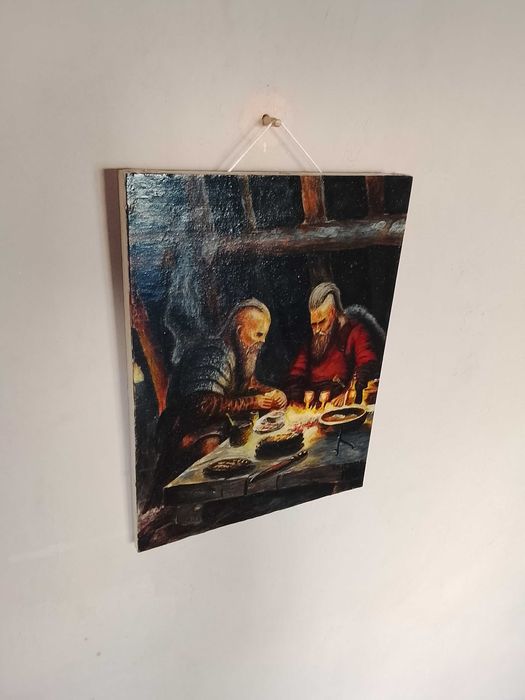 Авторская картина "Викинги у огня". Доска 30х38,5. Акрил.