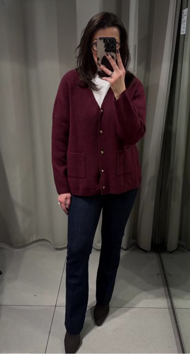 Zara sweter kardigan bordowy M 38 złote guziki
