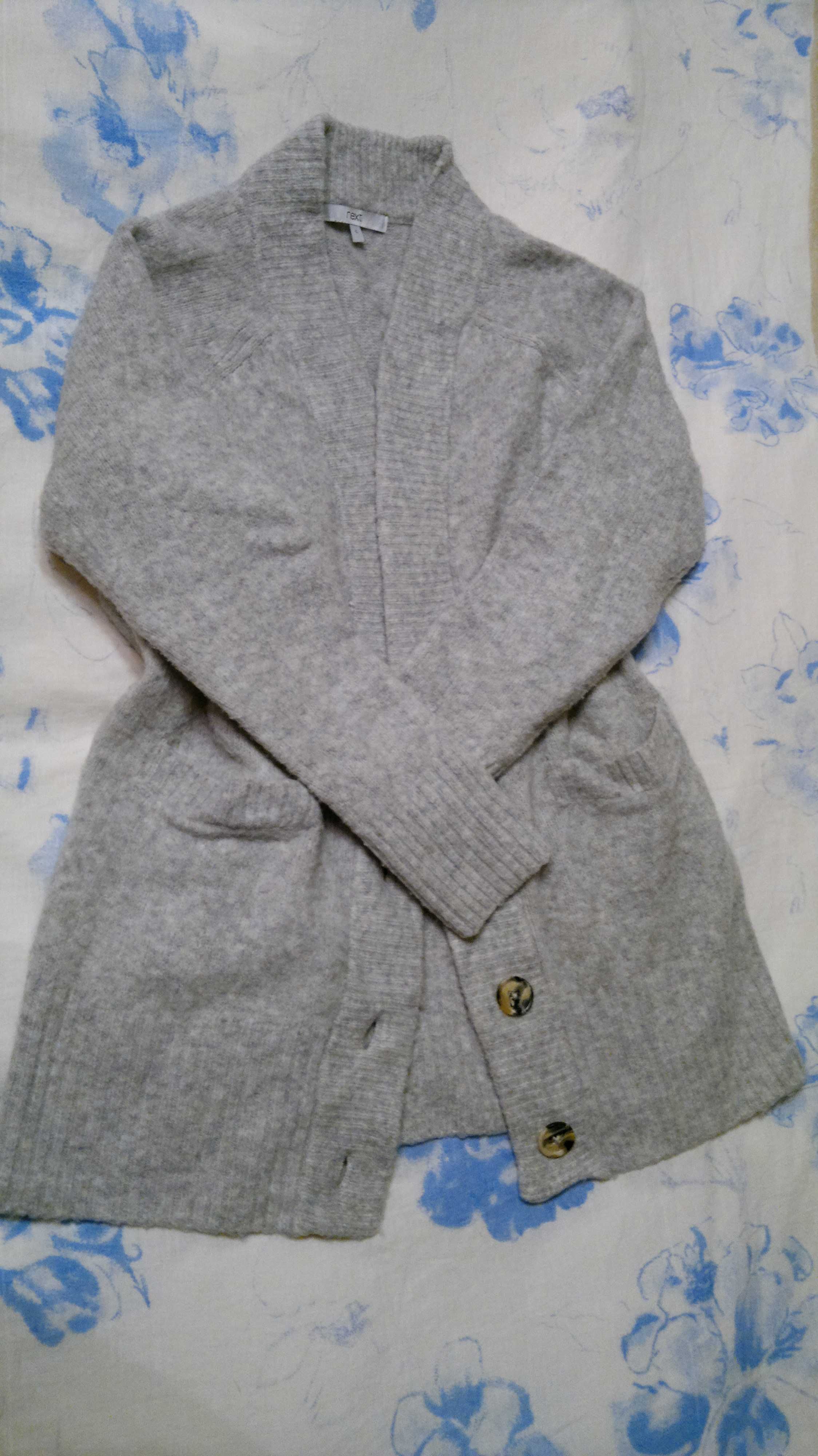 Kardigan długi sweter wełna jasno szary NEXT  S 36 M 38 L 40 XL 42 XXL
