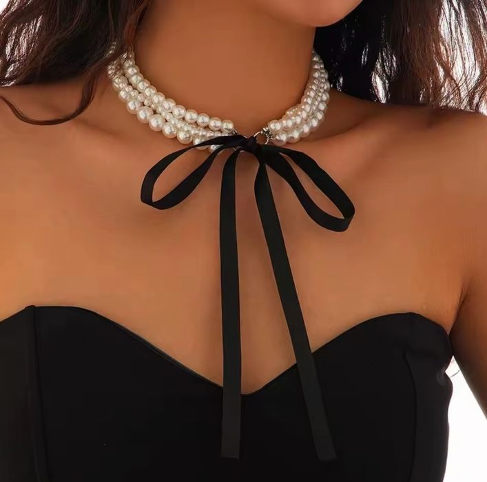 Kolia naszyjnik perełki choker kokarda