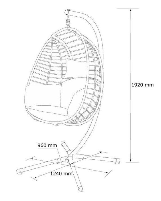 Fotel wiszący na stalowej podstawie z poduszką.