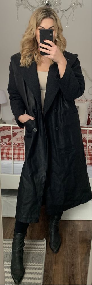 Unikatowy przejściowy długi płaszcz czarny z wełną Kello 38 M 36 S