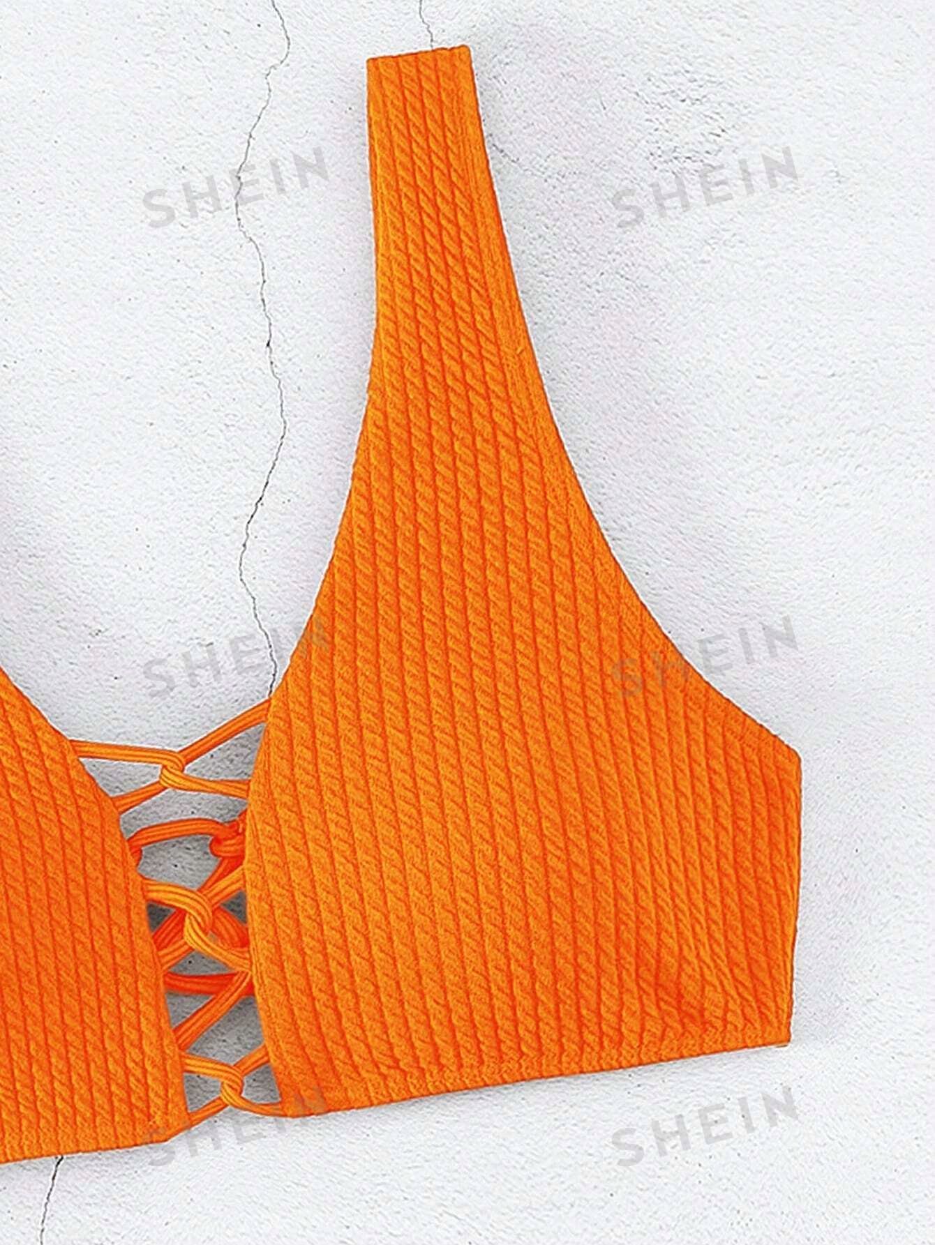 Strój Kąpielowy Bikini Prążkowany Pomarańczowy Figi Shein L 40