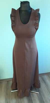 Maxi długa sukienka brązowa falbanki