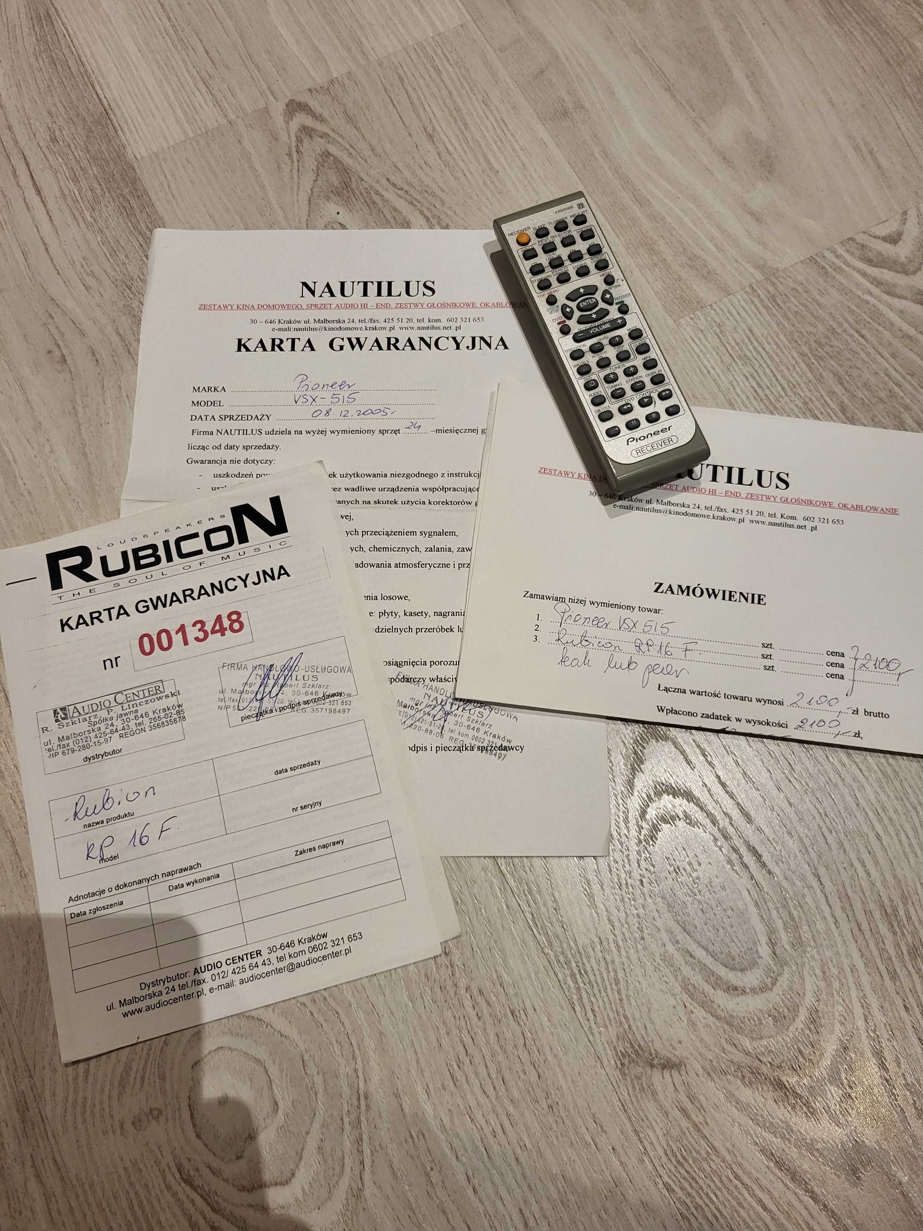Amplituner + dvd marki Pionieer, wraz z kolumnami Rubicon.