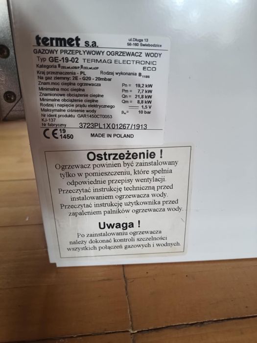 Piec gazowy, piec gazowy przepływowy, piec Termet