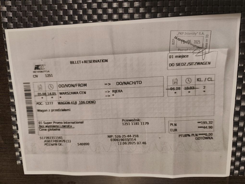 Bilet PKP Intercity do Chorwacji.