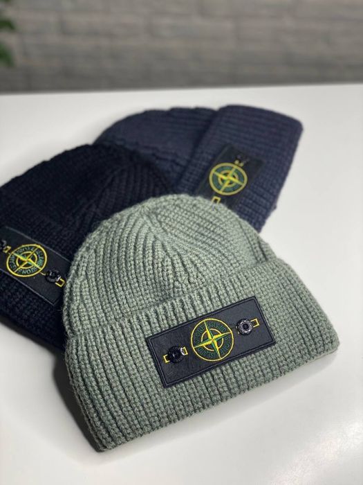 Мужская шапка STONE ISLAND зимняя с патчем вязанная двойная Черная Хак