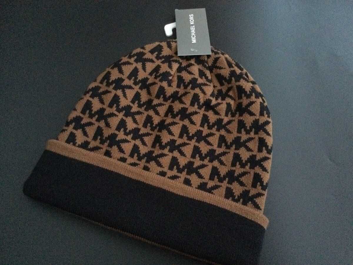 Шапка MICHAEL KORS MK Initials Black Tan Brown Beanie Cap 3 Оригінал
