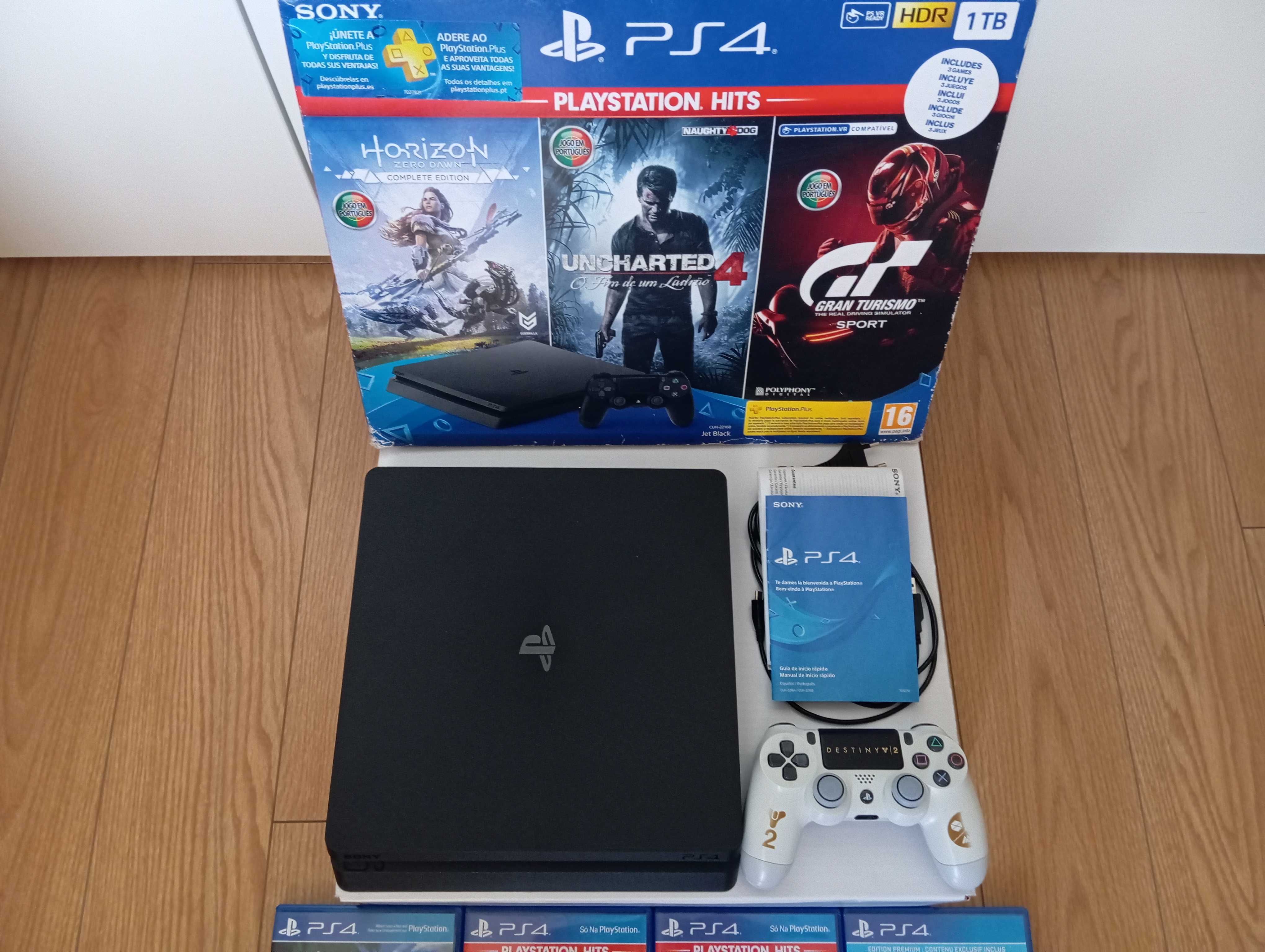 PS4 1TB PlayStation 4 slim, embalagem, comando Sony, 4 jogos
