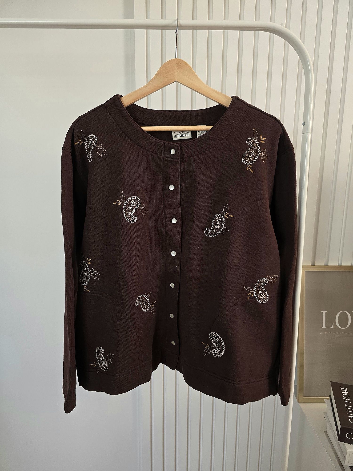 Bluza narzutka czekoladowa 42 XL plus size haftowana bdb vintage zapin