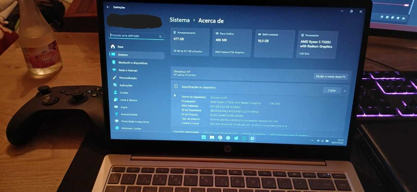 Portátil HP Ryzen 5 7520U 16GB RAM + 512GB SSD com 1 mês, como novo