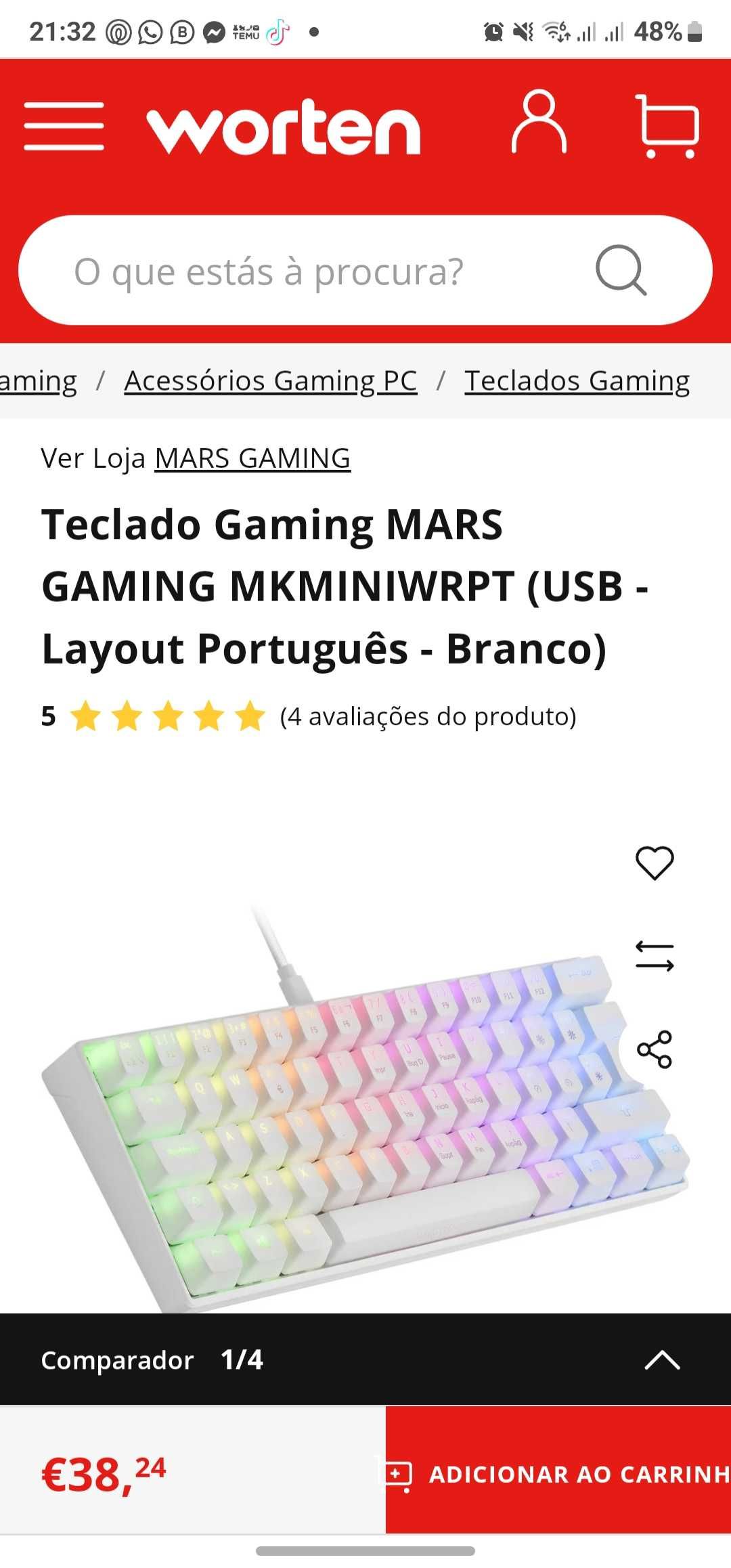 Teclado Gaming MARS GAMING (USB - Layout Português - Branco)