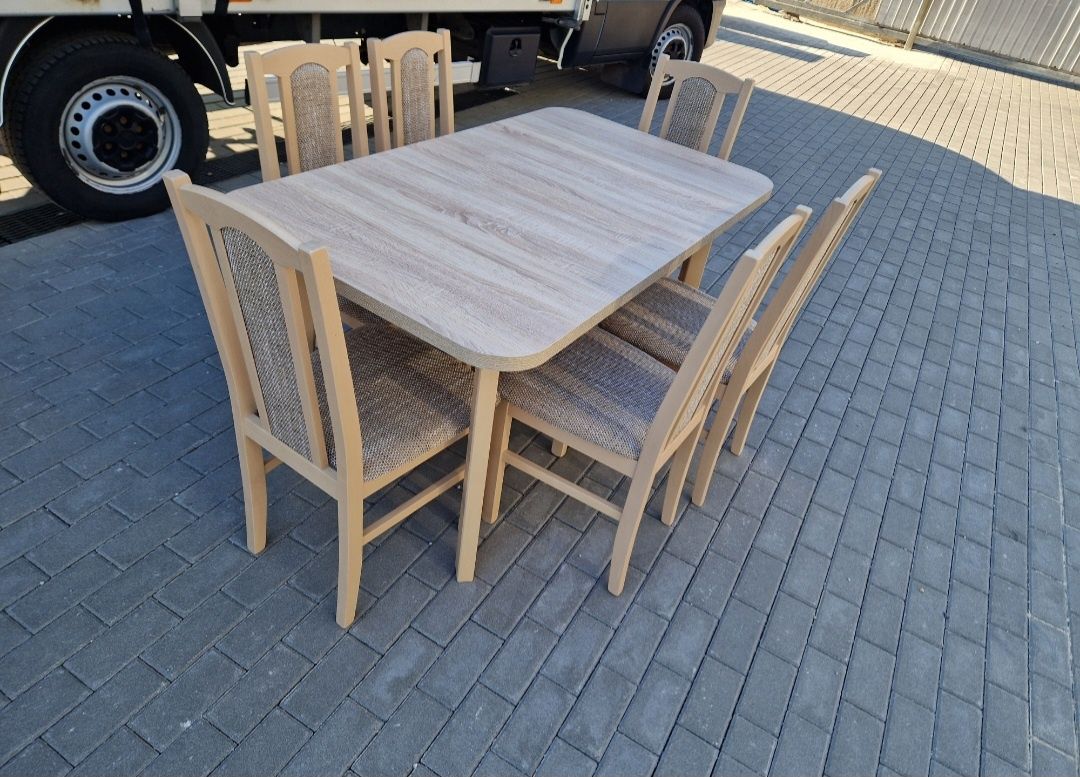 Nowe: Stół 80x140/180 + 6 krzeseł, sonoma + cappuccino , transPL