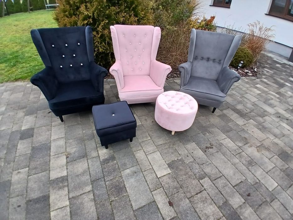 Fotel uszak dostępny od ręki pudrowy róż,  szary , butelkowa zieleń