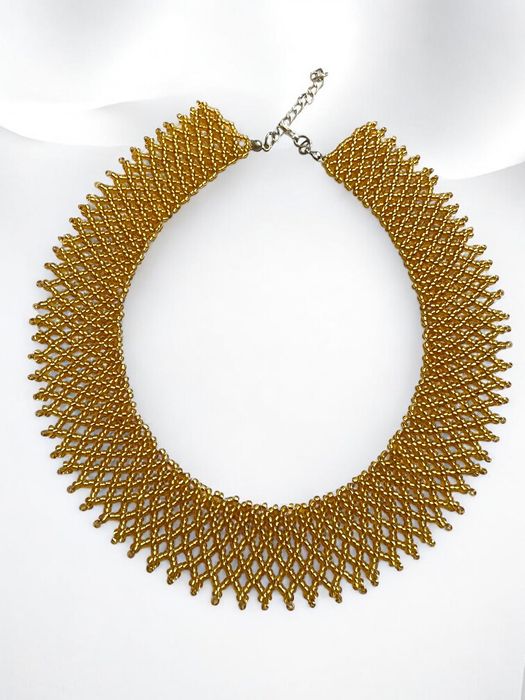 Złota kolia koralikowa – retro naszyjnik rękodzieło w stylu Łemko