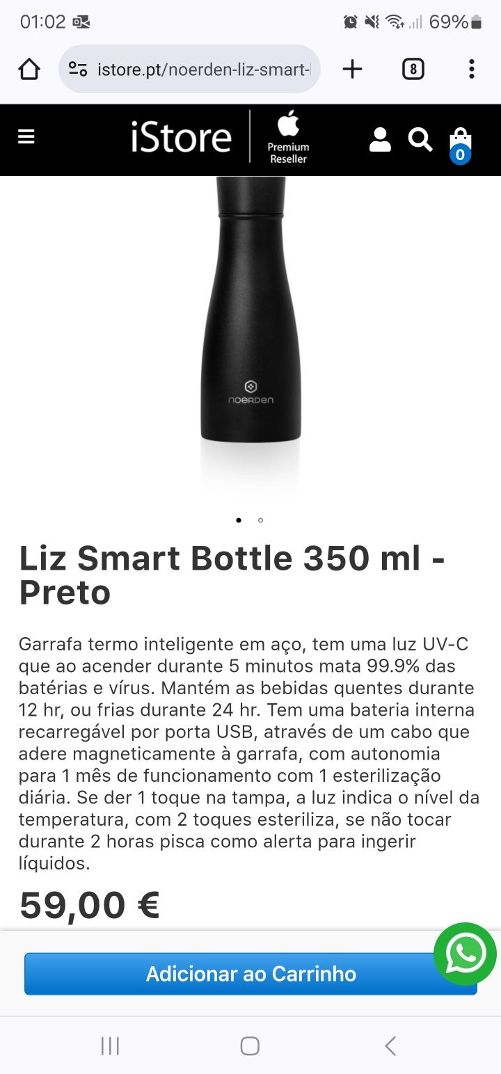 Garrafa termo inteligente em aço, tem uma luz UV-C que ao acender dura