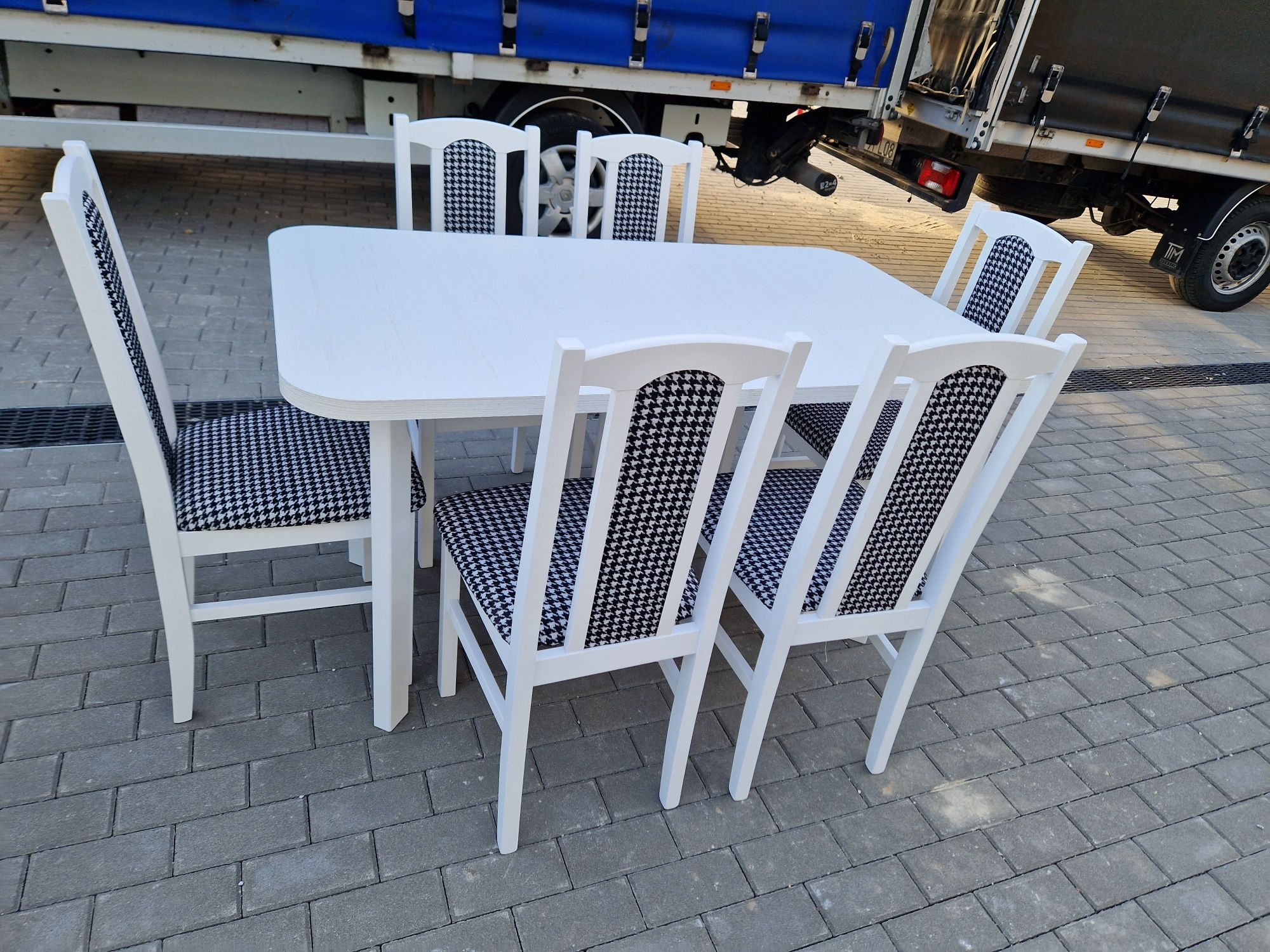 Stół + 6 krzeseł ,biały + pepitka czarno/biała  ,dostawa cała PL ,nowe