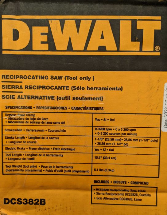 Аккумуляторная бесщеточная сабельная пила DeWalt DCS382B 20V MAX