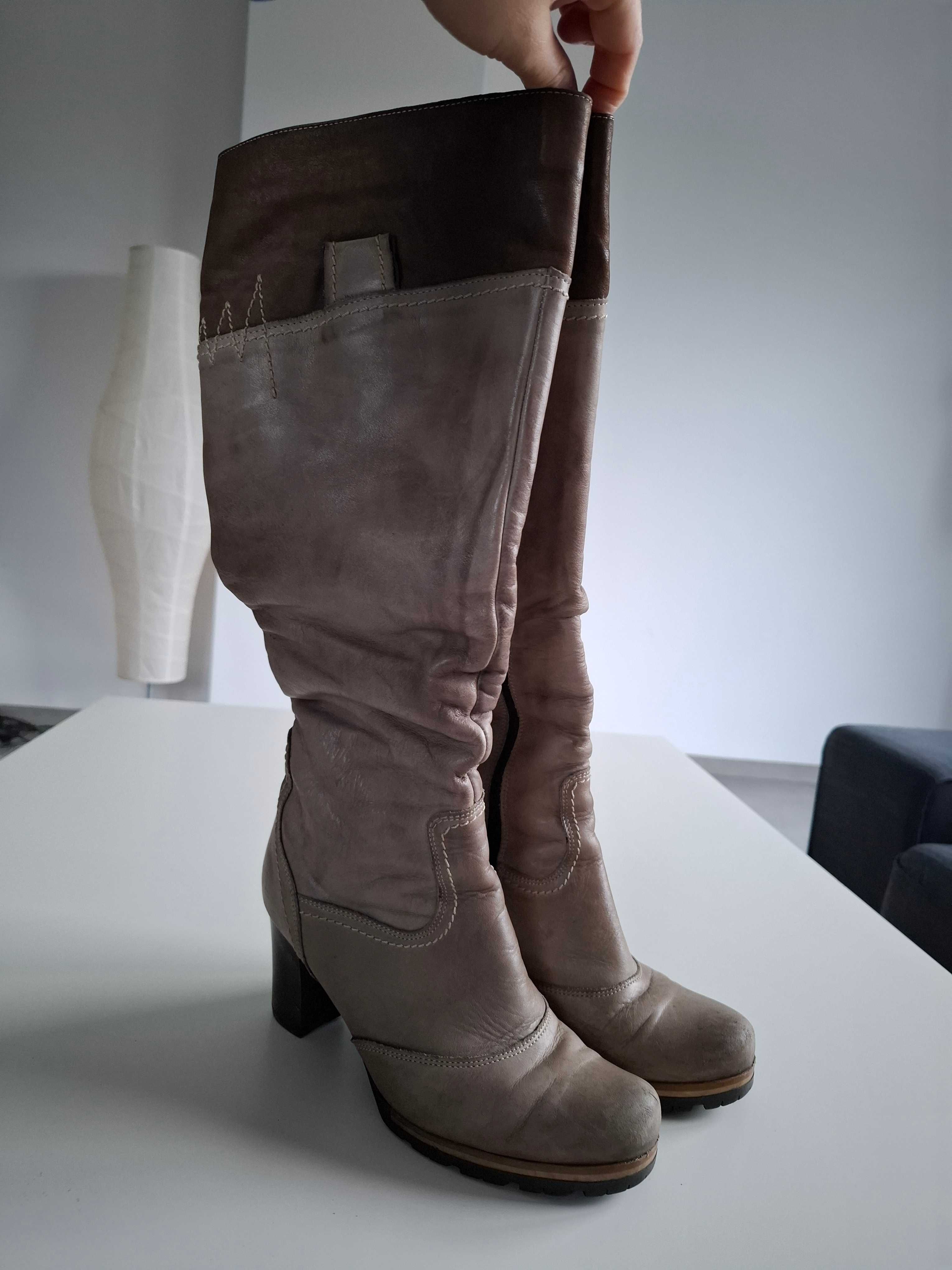 Damskie kozaki, wysokie botki, buty ze skóry 36