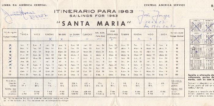 Folheto brochura itinerário paquete Santa Maria 1963 da CCN