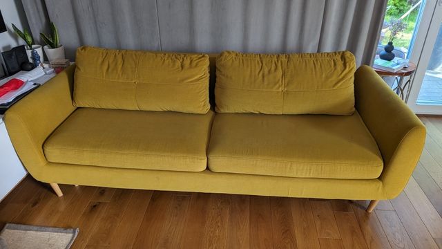 Piękna musztardowa sofa Duża welurowa funkcją spania pojemnik