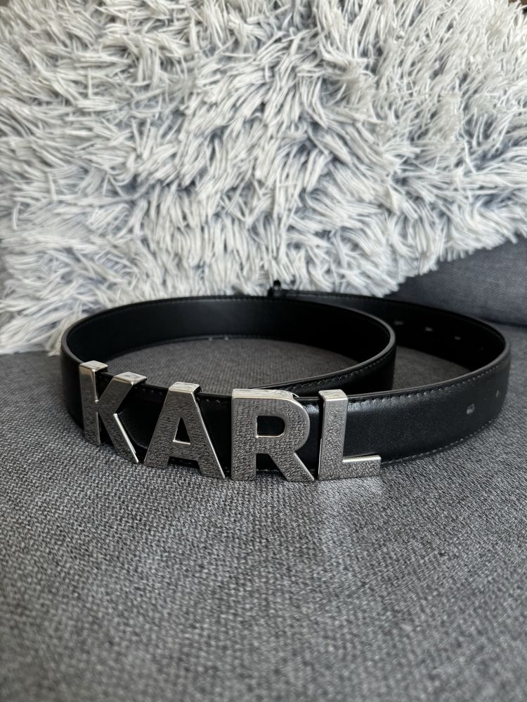 modny damski pasek karl lagerfeld czarny skorzany srebrny logo