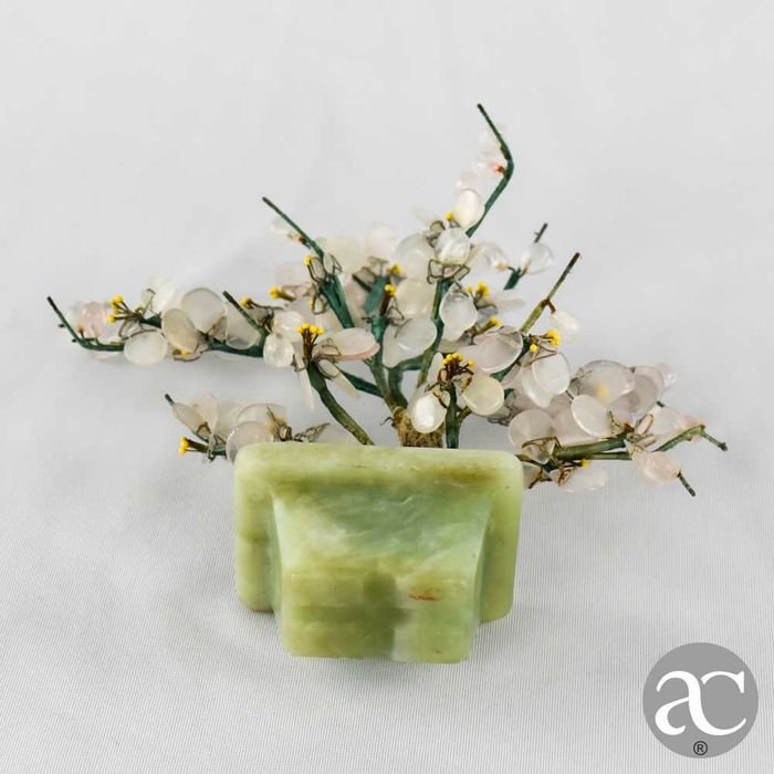 Vaso bonsai flores de amendoeira China, feito em pedra, quartzo e jade