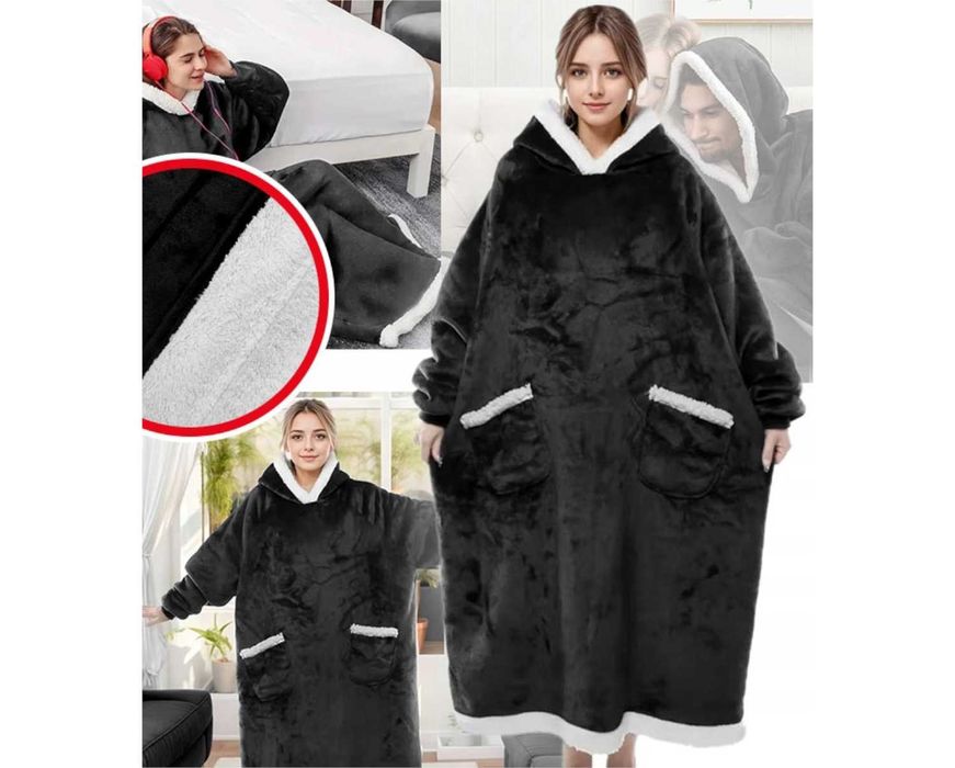 Koco Bluza Oversize Długa Ciepła Koc Damska z Kapturem Dzień Kobiet