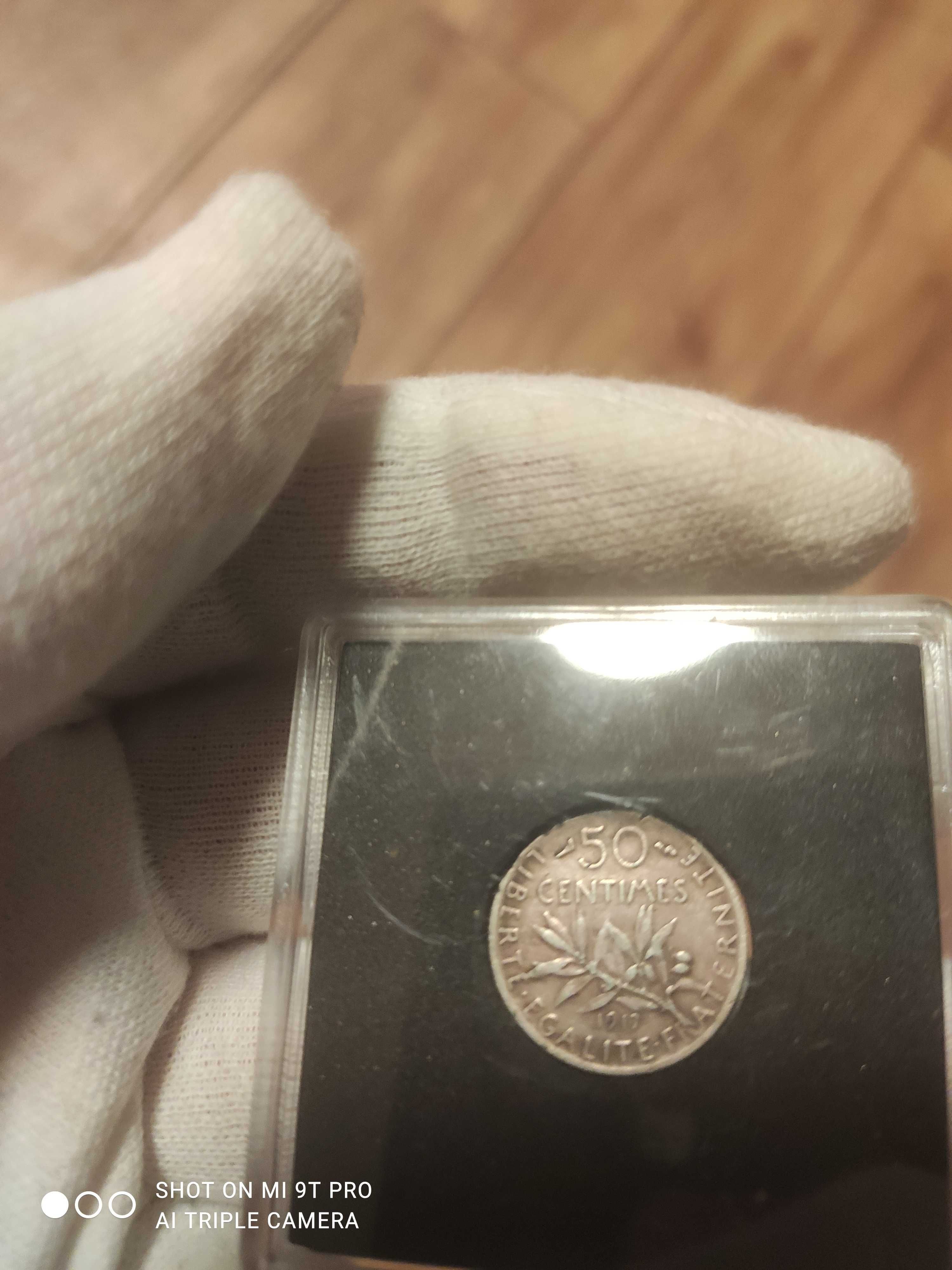 франция 50 сантимов 1917г. серебро квадрокапсула