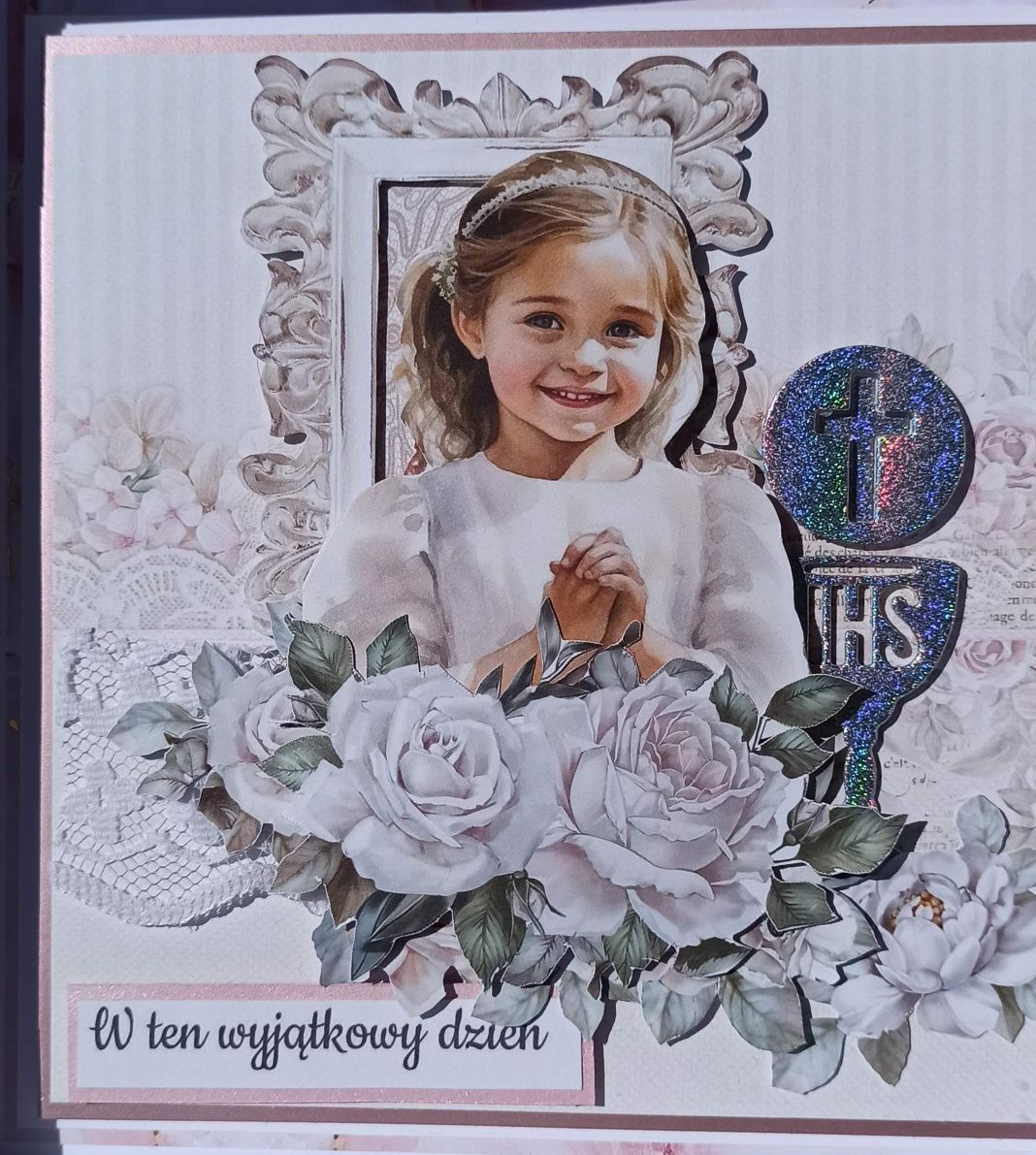 Kartka ręcznie robiona Scrapbooking I Komunia Święta