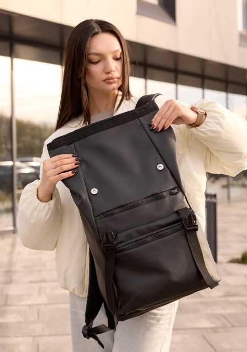 Спортивный черный большой женский рюкзак. Кожзам. Экокожа