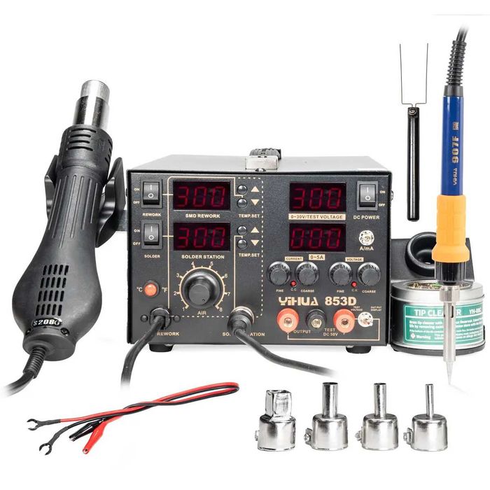 853D Stacja lutownicza HOTAIR 800W + kolba grotowa / Zasilacz 5A 0-30V