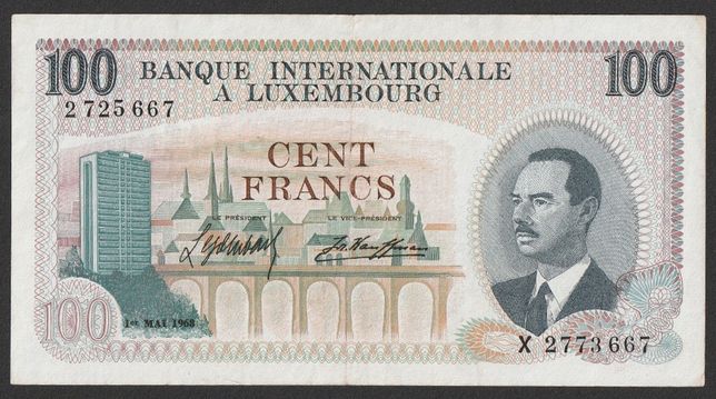 banknot Luksemburg 100 franków 1968 - książę Jan