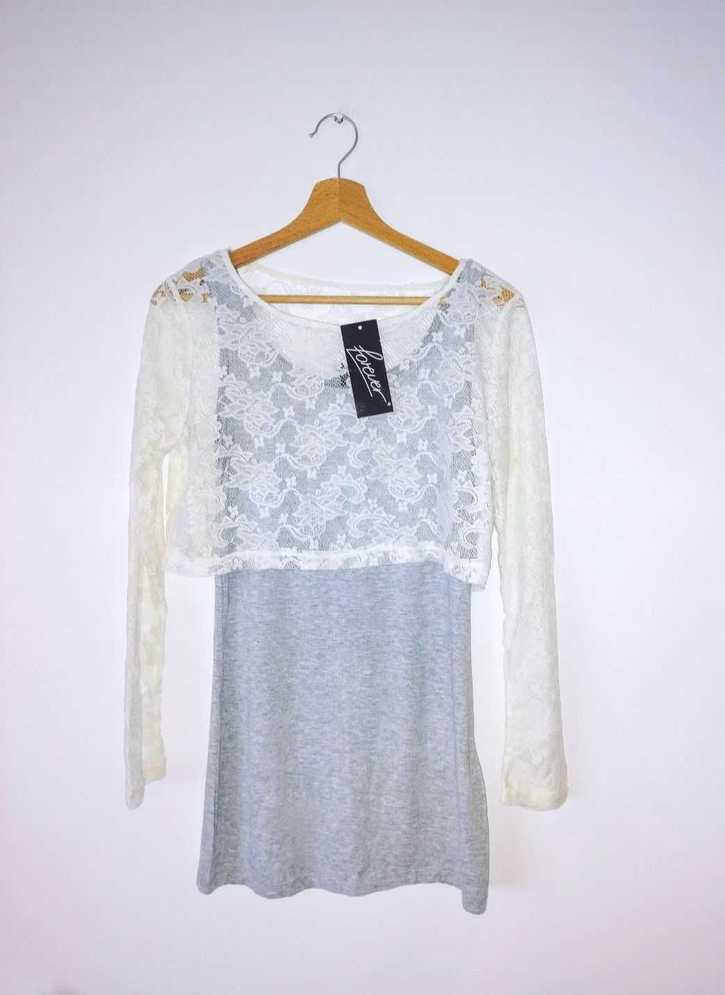 NOWA szara sukienka tunika z bolerkiem Forever 18 koronka 34 XS / 36 S