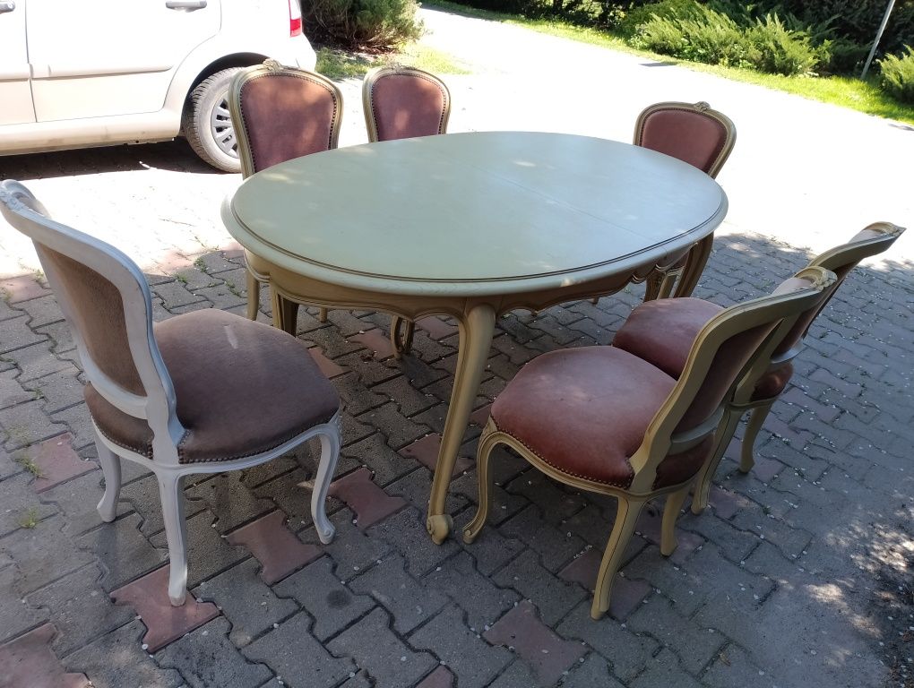 Piękny stylowy stół rozkładany +6 krzeseł ecru  ludwik dębowy