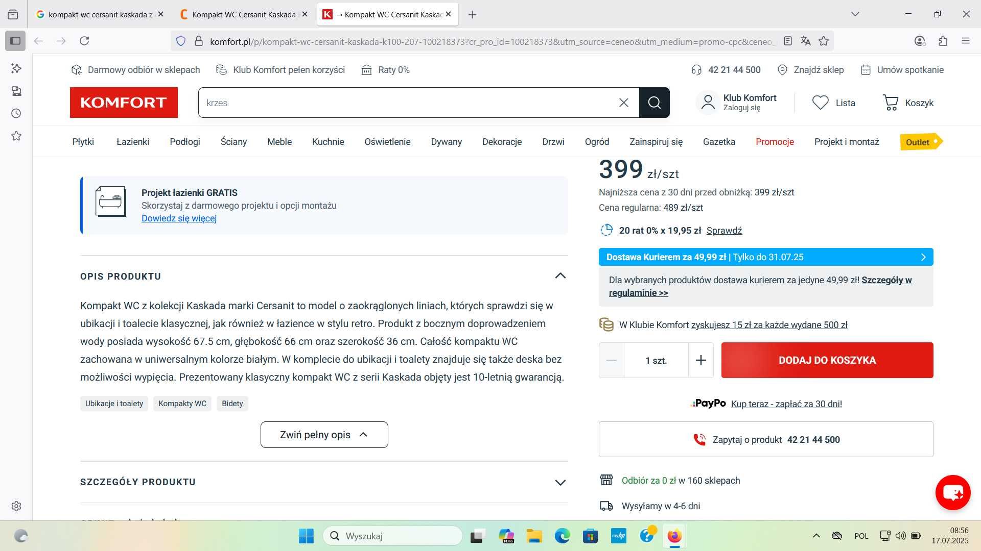 Sprzedam kompakt WC Cersanit kaskada z deską polipropylenową