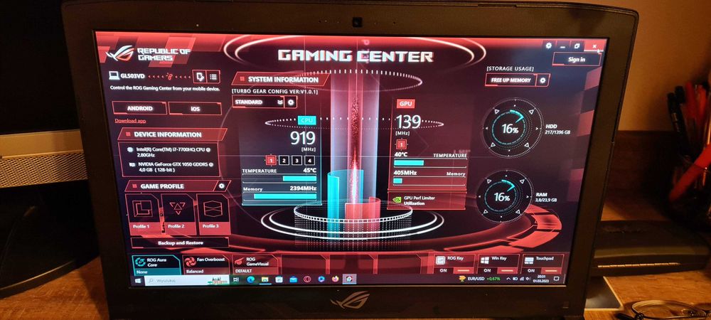 Laptop Asus ROG GL503VD Gaming i7 7700hq GTX 1050GDDR5 4gb 24Gb ramSSD