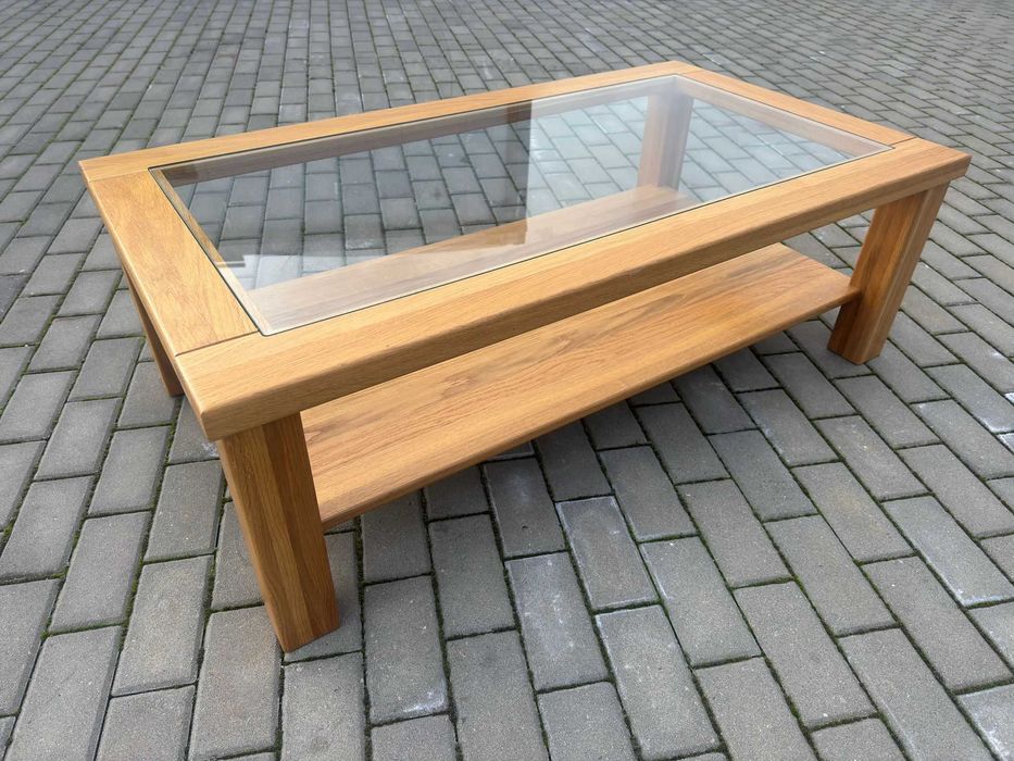 Ława drewniana szklany blat 125x70x40 stan BDB.