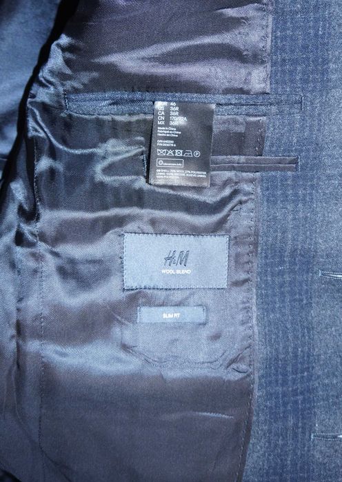 Garnitur H&M Wełna Rozmiar 46 170/92/80 Slim Fit Kolor Szary Krata