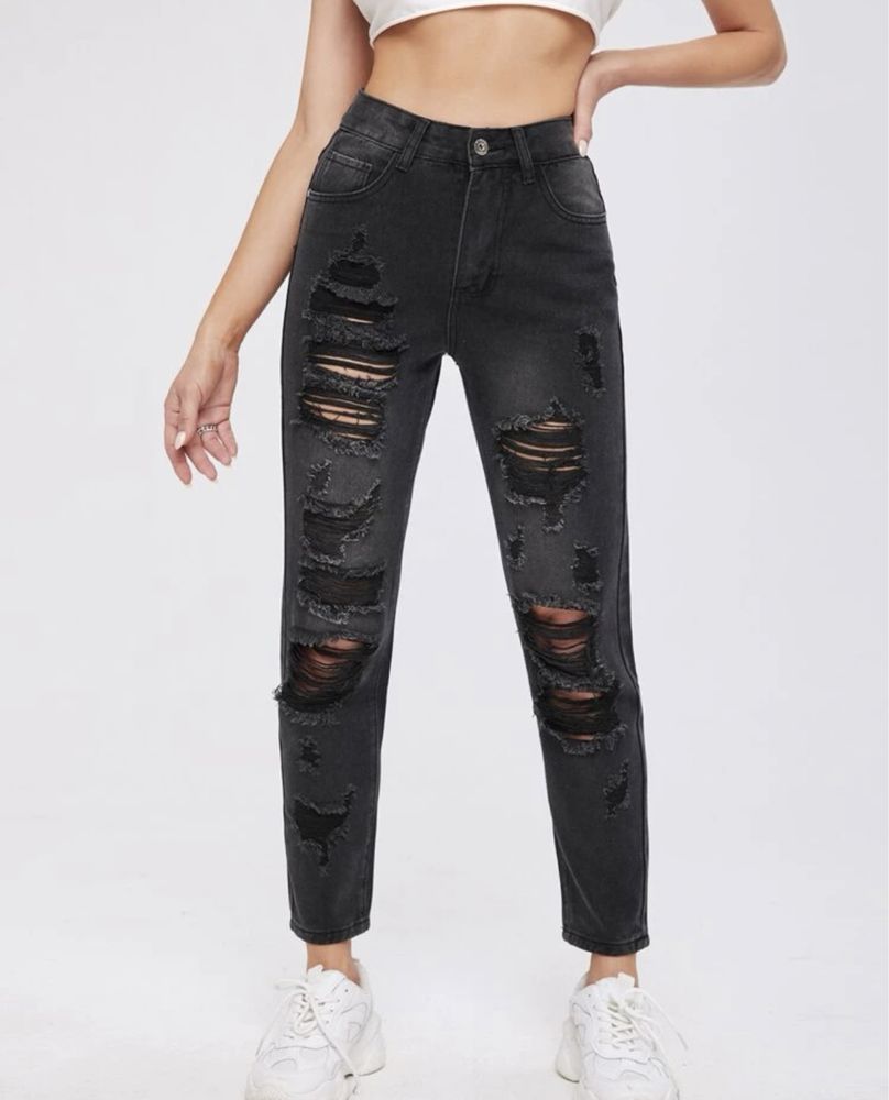 Nowe czarne dżinsy jeansy z dziurami przetarciami S